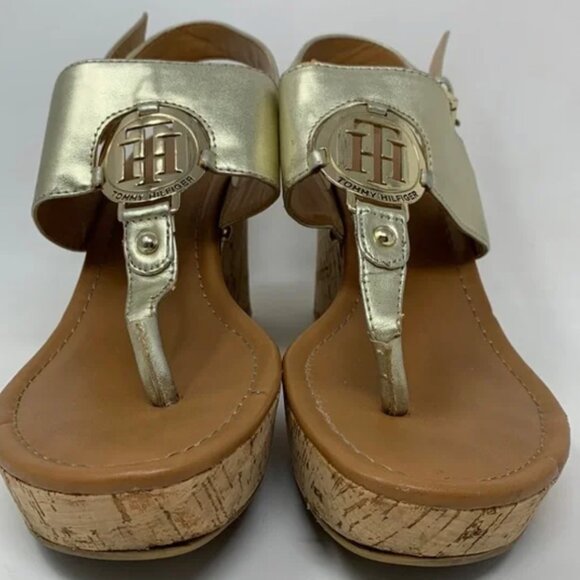 Tommy Hilfiger gold cork wedge sandals T strap - Picture 1 of 3